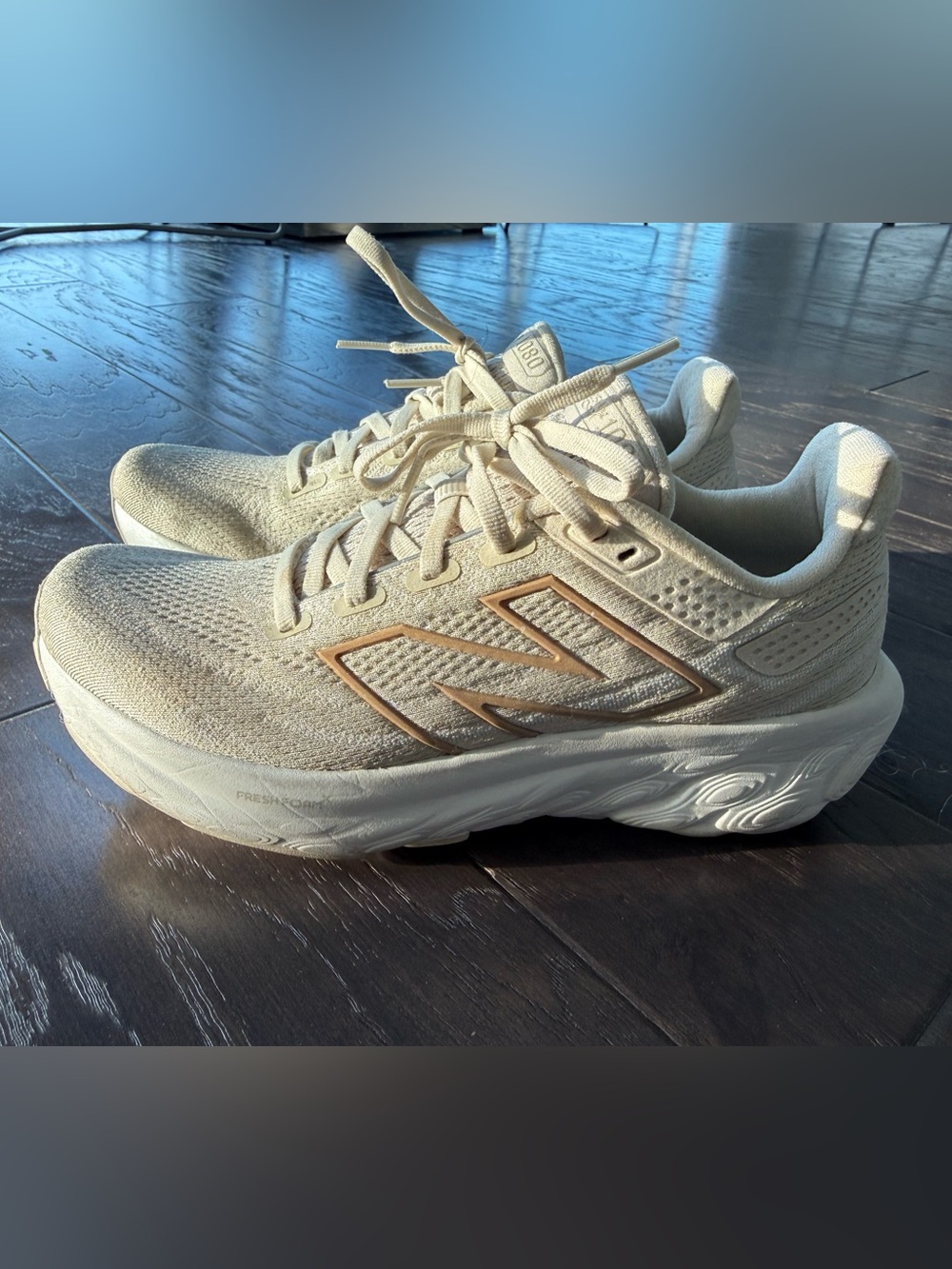 New Balance Fresh Foam 1080 Cream and Light Brown Athletic Sneakers, Size 6.5